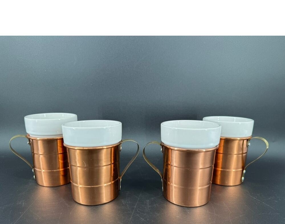 Vintage Copper Mugs Set of 4 Ceramic Inserts Brass Handles Korea 8 Oz MCM